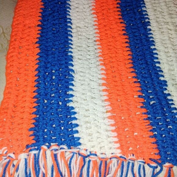 Handmade Crochet Cozy Striped Blue and Orange Throw Blanket - Picture 3 of 7